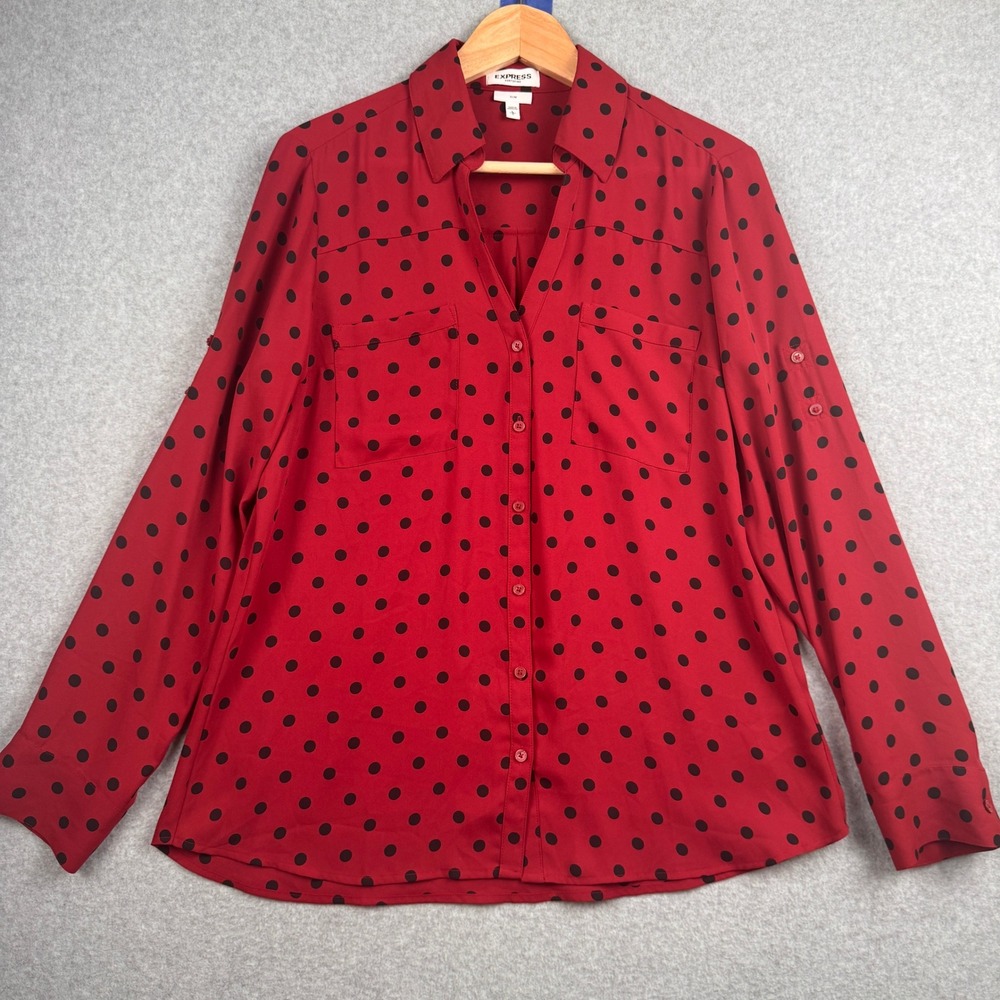 Express Portofino Shirt Womens Large Red Black Polka Dot Slim Fit Button Down